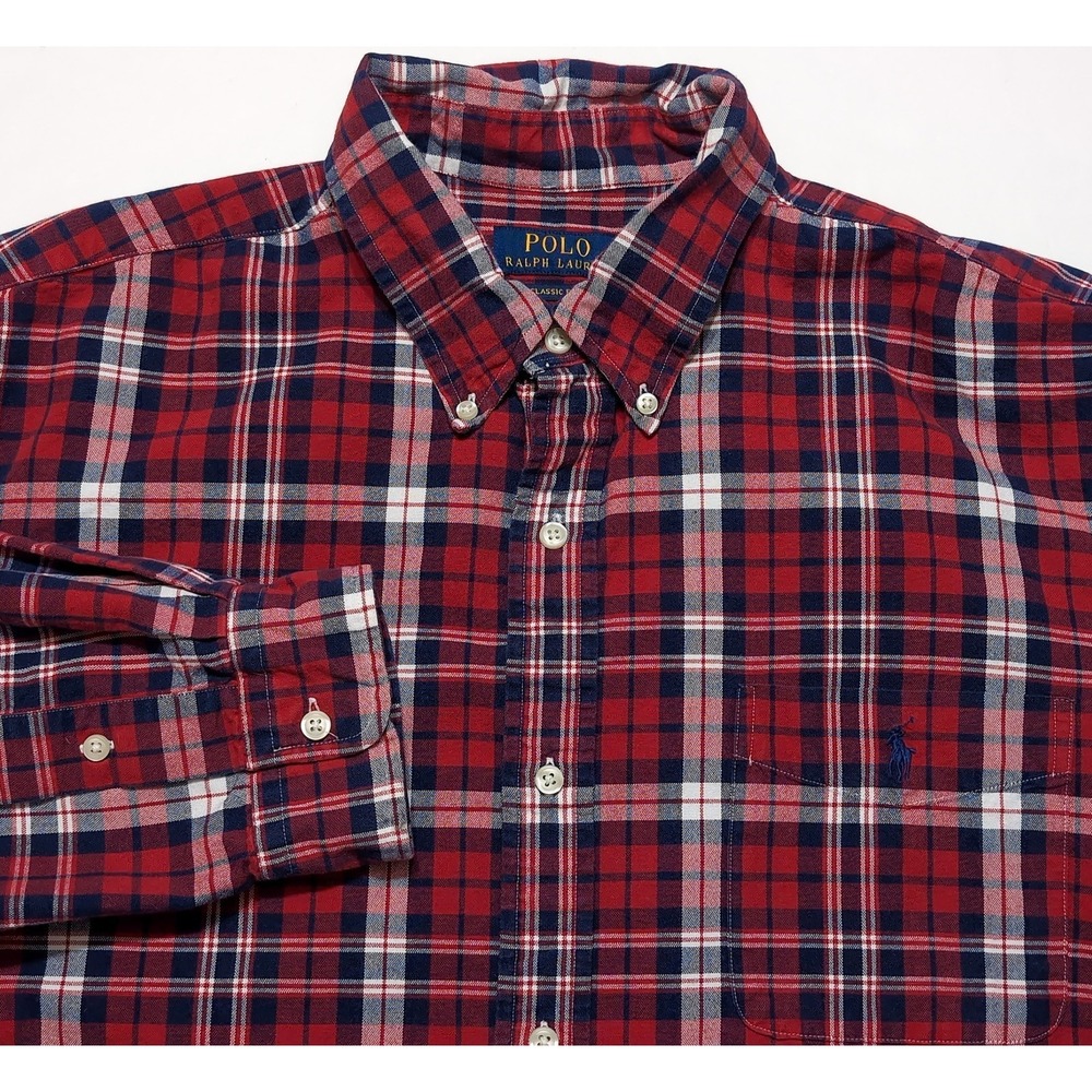 POLO RALPH LAUREN Long Sleeve Button Pocket Shirt Red Blue Plaid‎ XXL 2XL